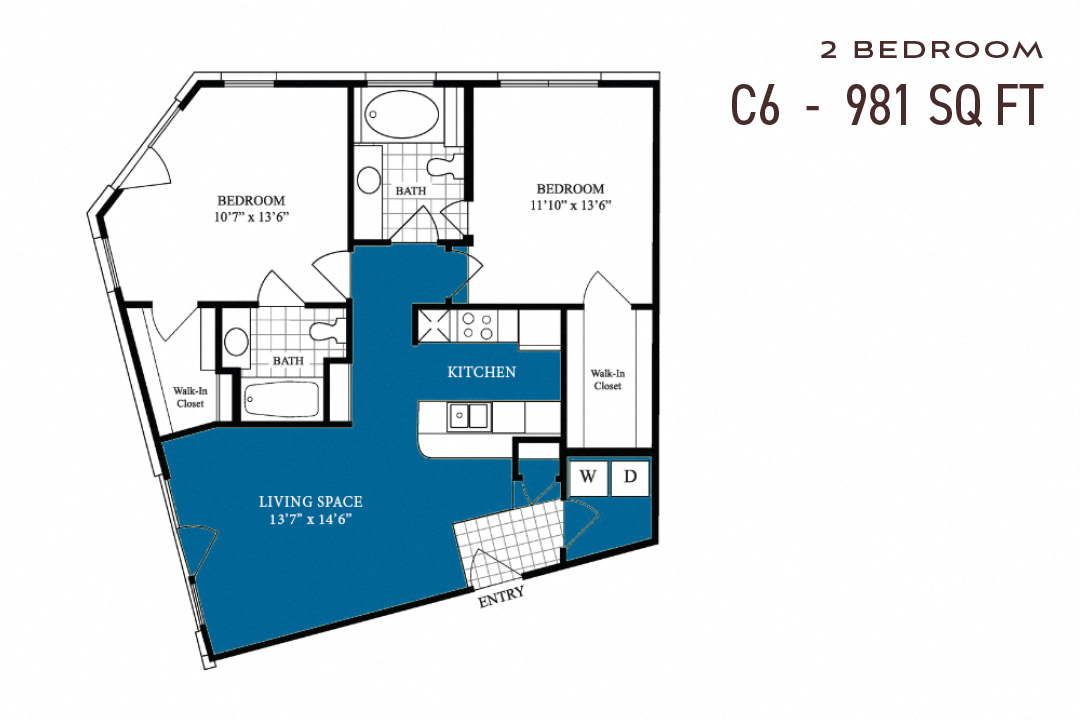Floor plan for 2 beds, 2 baths, 981 sqft